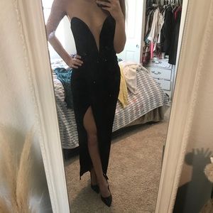 Black velvet floor length lulus gown deep V slit